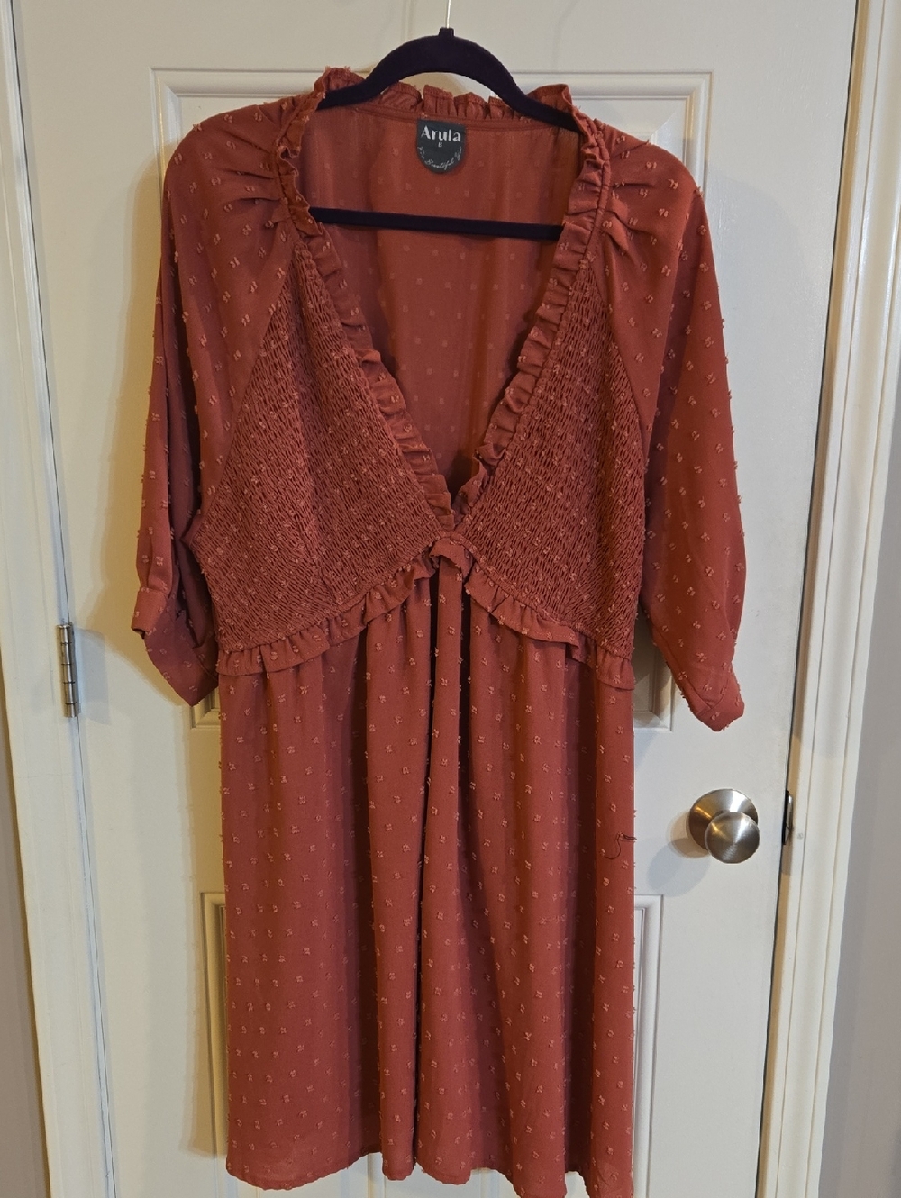 ARULA Rust-Red Midi Dress with Ruffle Trim